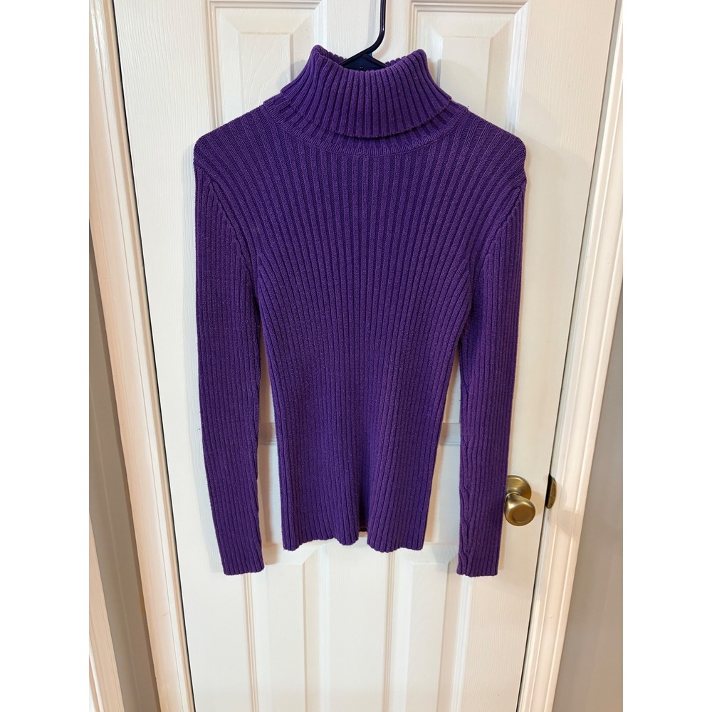Faded Glory Turtleneck Sweater Women Large Purple Ribbed Knit Long Sleeve Cotton